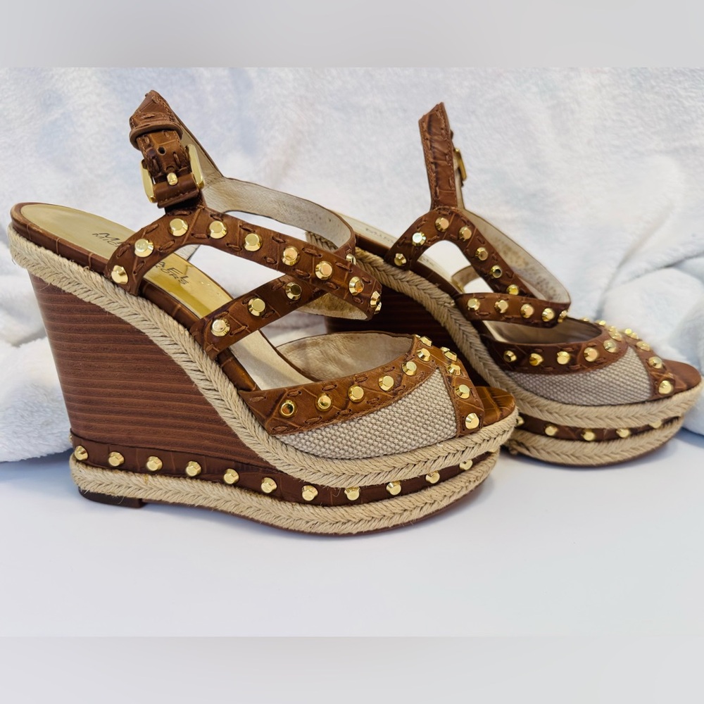 Michael Kors Brown and Gold Studded Wedge Sandals